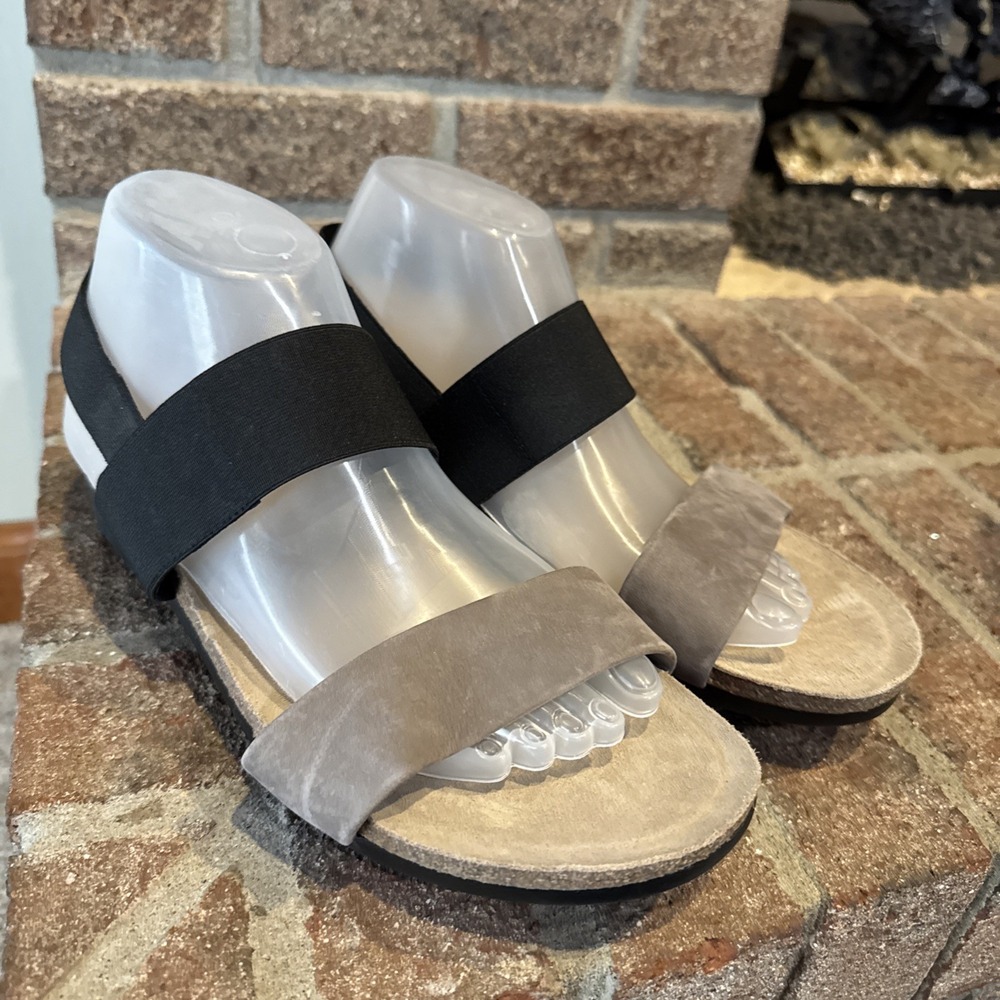 Munro Pisces Sandals Black Pewter Leather Cork Wedge Two-Tone Sz 10.5WW #0006